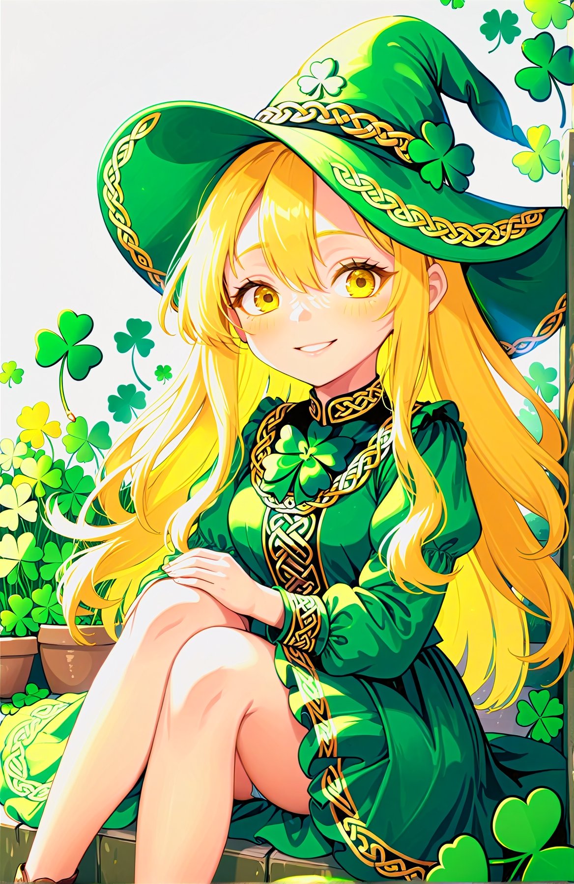 (best quality:1.3),(best masterpiece:1.3),super fine illustration,vibrant colors,official art,8k wallpaper,(((masterpiece))), (((best quality))), ((ultra-detailed)), (illustration), (detailed light),((an extremely delicate and beautiful)), (solo dwarf girl), smiling, (yellow-color hair, hair over eyes:1.3), sitting, wariza, holding a shamrock, (wearing oversized pointed hat with a Celtic shamrock pattern), (wearing yellow-green dwarf clothes), (shamrocks garden),cute doodle,IMGFIX