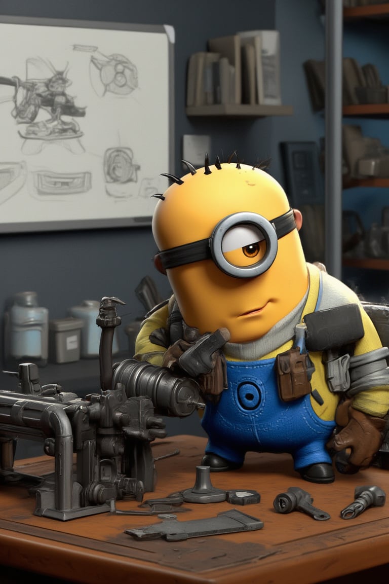 Masterpiece, professional, award-winning, intricate details, ultra high detailed, 64k, dramatic light, volumetric light, 3d, detailed, A photorealistic image of a Minion from Despicable Me, dressed as a mechanic is working hard at a lab table full of scientific tools and accessories. The whiteboard behind has weapon design sketches. Minion is highly focused, hands move quickly, weld and assemble components to build a large weapon, complicated.