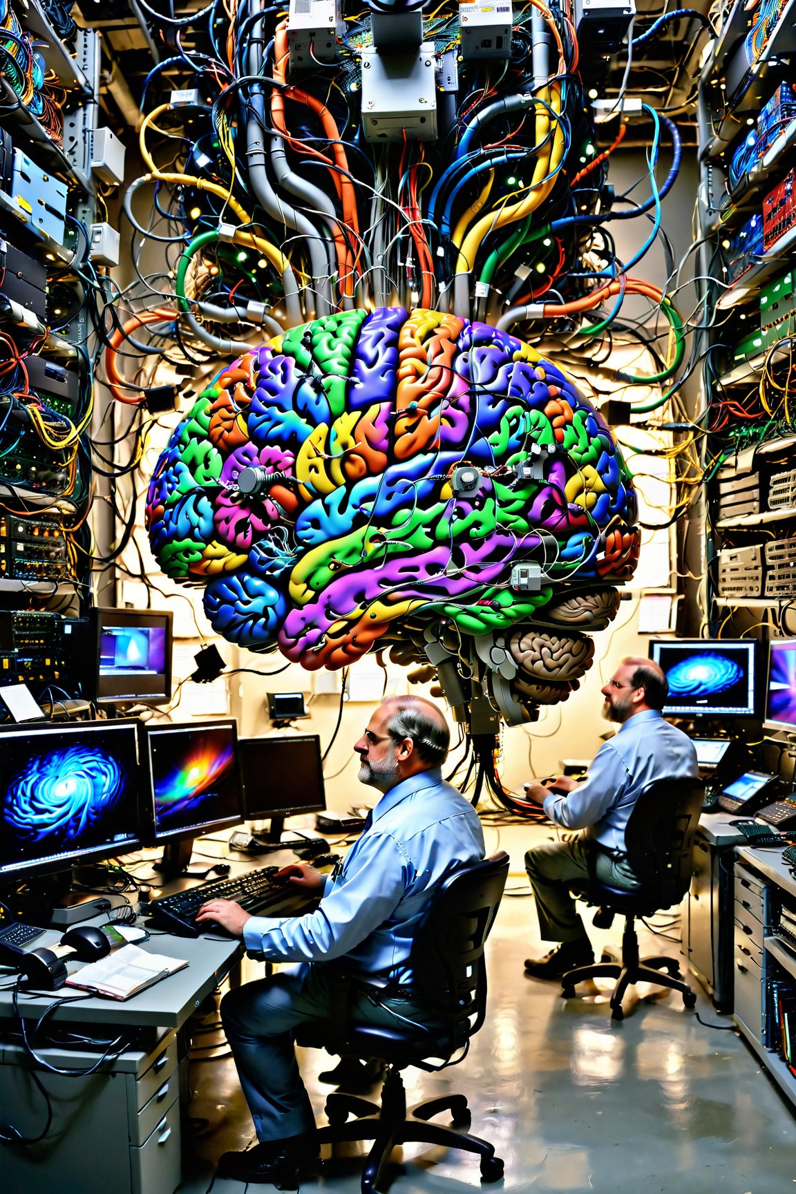 (masterpiece, best quality:1.4), In the center of the room, a colossal human brain is intricately connected to advanced computers housed in the surrounding racks by millions of wires. This extraordinary Brain possesses two eyes that fixate upon us with astonishing precision, captured in a painting with unparalleled detail and resolution at K, there are two scientists who are examining the Brain,more detail XL