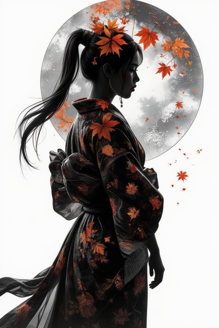 (silhouette:1.25), silhouette art, shadow of figure, Autumn leaves pattern on woman silhouette isolated on white background, (Female silhouette: Kimono: Hakama: Long ponytail: Dynamic pose), Draw the autumn leaves pattern only on the woman's silhouette.,BREAK,Autumn leaves pattern: black and grey gradation: Overlapping translucent autumn leaves: Overlapping layers: black colors: BREAK,vector art,Draw a background painting using the moon and autumn leaves in blak colors, shadow of woman, (masterpiece:1.3),(highest quality:1.4),(ultra detailed:1.5),High resolution,extremely detailed,unity 8k wallpaper,.ek_art_b00ster,anime,illustrated,FluxBoost