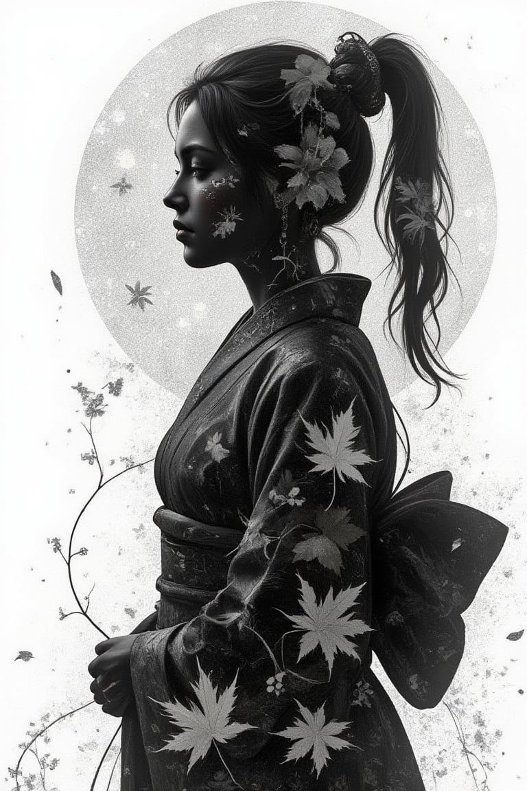 (silhouette:1.25), silhouette art, shadow of figure, Autumn leaves pattern on woman silhouette isolated on white background, (Female silhouette: Kimono: Hakama: Long ponytail: Dynamic pose), Draw the autumn leaves pattern only on the woman's silhouette.,BREAK,Autumn leaves pattern: black and grey gradation: Overlapping translucent autumn leaves: Overlapping layers: black colors: BREAK,vector art,Draw a background painting using the moon and autumn leaves in blak colors, shadow of woman, (masterpiece:1.3),(highest quality:1.4),(ultra detailed:1.5),High resolution,extremely detailed,unity 8k wallpaper,.ek_art_b00ster,anime,illustrated,FluxBoost