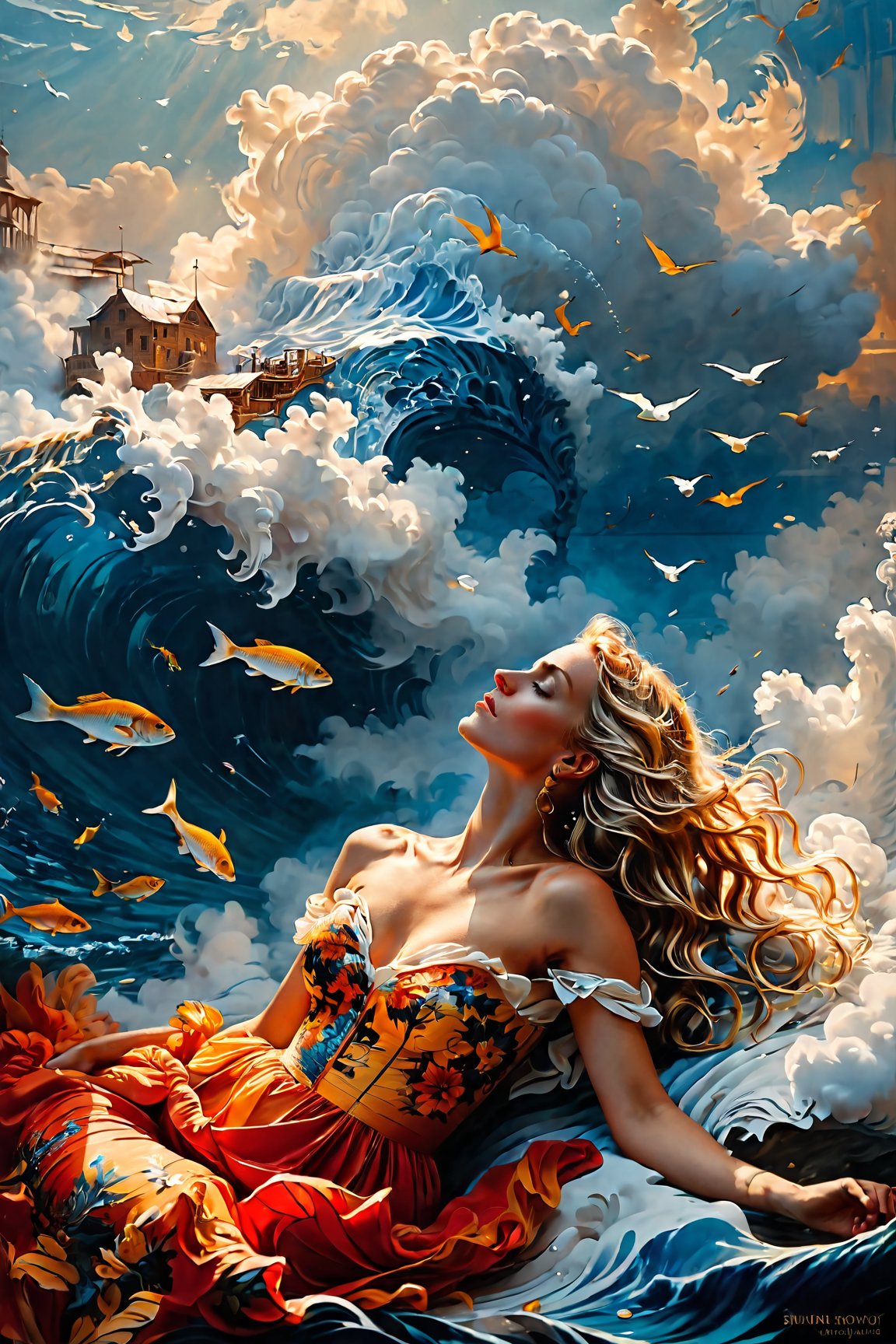 (masterpiece, best quality:1.4), stacked papercut art of in the depths of a mysterious blue abyss, a woman with striking tattoos sprawls across a floating cloud. she is adorned in a vibrant red and gold dress that contrasts against her black and white tattoos. her long blonde hair cascades down her back as she reclines on the cloud, seemingly lost in thought. beside her, an old, worn chest lies closed, its secrets locked away for eternity. the chest bears an inscription that reads: "once bound, now free." this phrase seems to capture the essence of this enigmatic scene a symbol of both constraint and liberation. a face, partially hidden behind a veil, appears in the background. it watches the woman with curiosity and fascination. its presence adds an element of intrigue, hinting at deeper stories and hidden meanings within this captivating tableau. the entire scene is shrouded in a hazy mist, giving it an ethereal quality that enhances its allure. despite the confinement of the cloud, the woman radiates an aura of  and strength, as if she has overcome whatever once bound her. the scene is a testament to resilience and the human spirit's capacity to transcend limitations. . 3d, layered, dimensional, depth, precision cut, stacked layers, papercut, high contrast