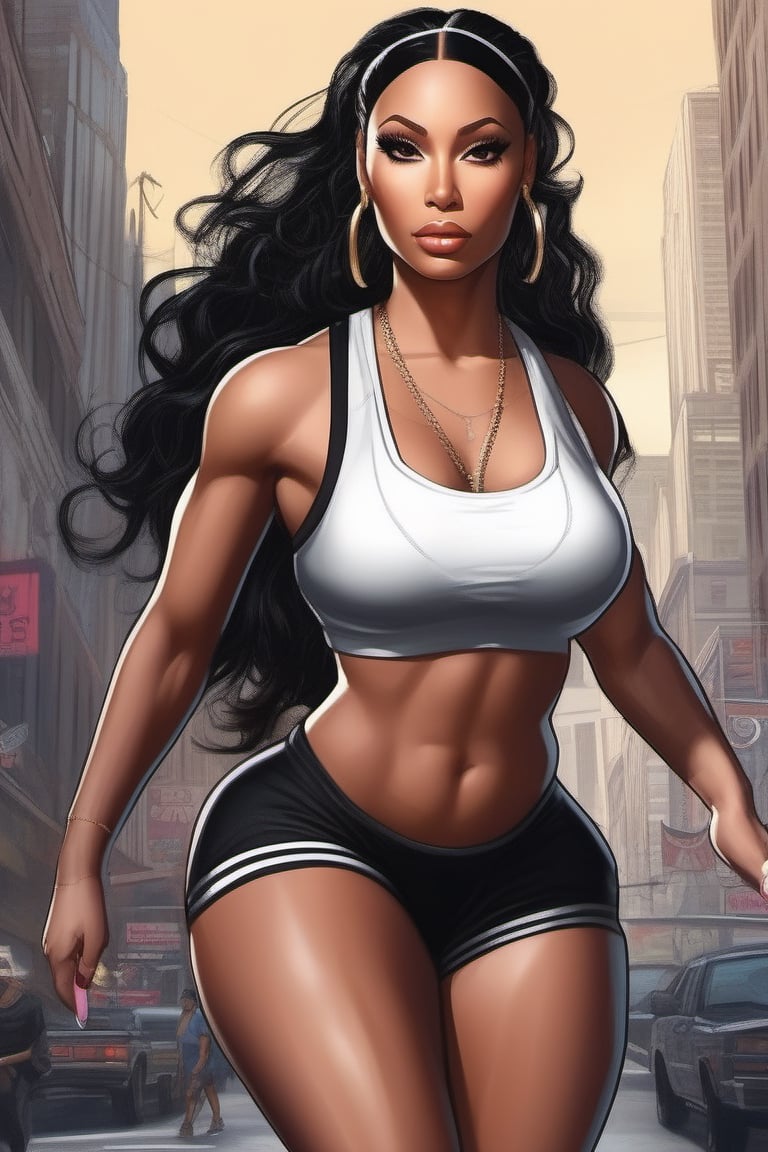 Highly detailed, High Quality, Masterpiece, beautiful, (((motion trail))), (((MotionTrail))), (((stunningly beautiful woman))), mixture of nicki minaj and beyonce knowles, long black hair pulled into a ponytail, very muscular, large breast, very thick thighs with slight gap between them, wide hips, big ass, highly detailed, super detailed hands, female_ solo, full body, low cut black tank top,  high cut black running shorts, black running shoes, running towards the camera, background dark city streets, 