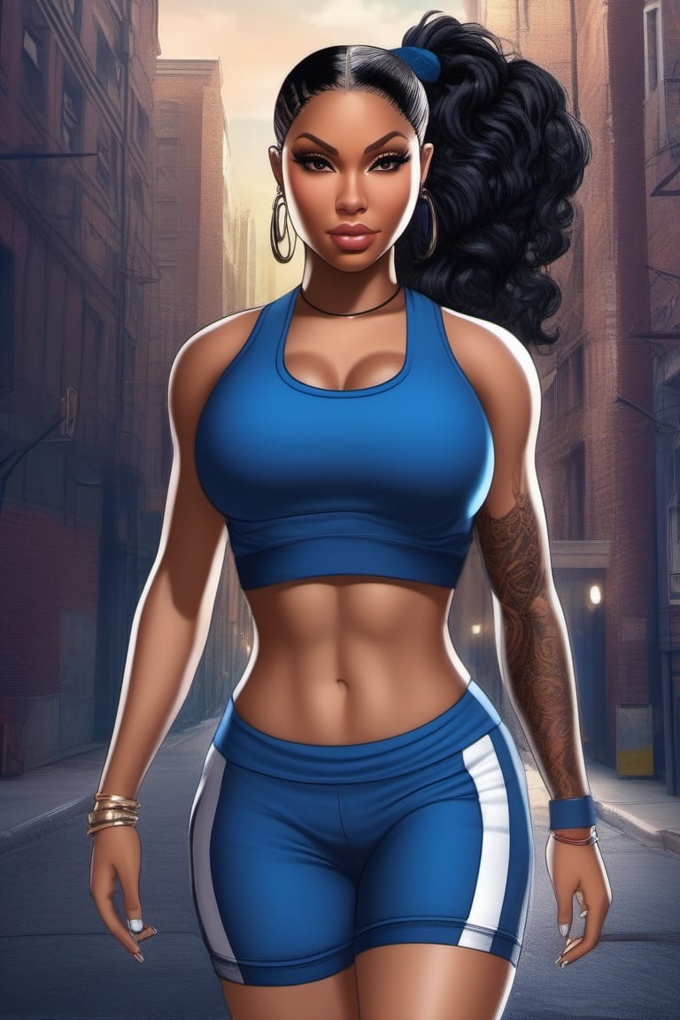 Highly detailed, High Quality, Masterpiece, beautiful, (((motion trail))), (((MotionTrail))), (((stunningly beautiful woman))), mixture of nicki minaj and beyonce knowles, short black hair pulled into a ponytail, very muscular, large breast, very thick thighs with slight gap between them, wide hips, big ass, highly detailed, super detailed hands, female_ solo, full body, low cut blue tank top,  high cut blue running shorts, blue running shoes, running towards the camera, background dark city streets, 