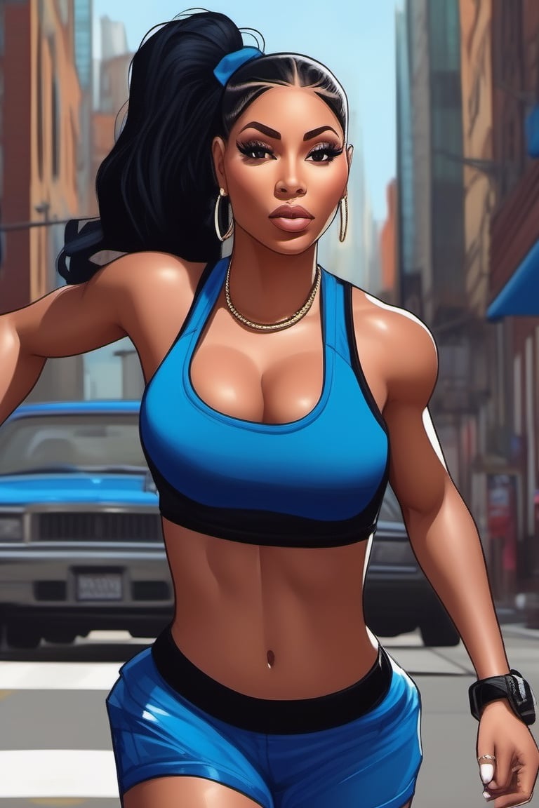 Highly detailed, High Quality, Masterpiece, beautiful, (((motion trail))), (((MotionTrail))), (((stunningly beautiful woman))), mixture of nicki minaj and beyonce knowles, short black hair pulled into a ponytail, very muscular, large breast, very thick thighs with slight gap between them, wide hips, big ass, highly detailed, super detailed hands, female_ solo, full body, low cut blue tank top,  high cut blue running shorts, blue running shoes, running towards the camera, background dark city streets, 