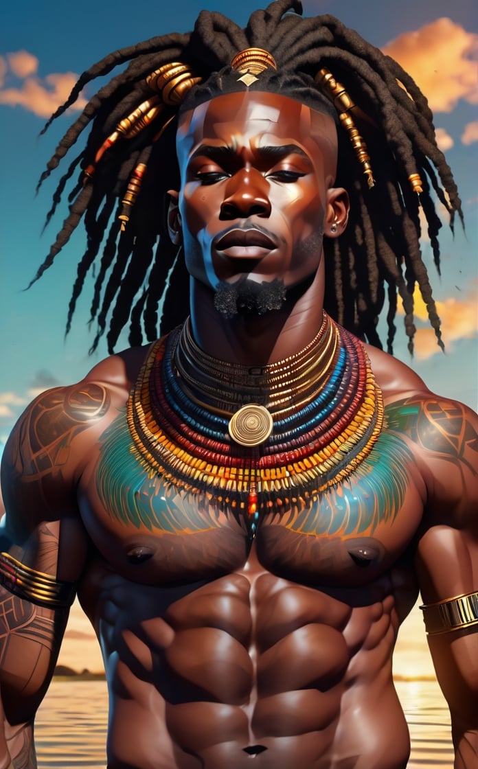 From front,  imagine a(((stunnigly handsome nude african man))),  large muscular build by aswad1 on Tensor.Art