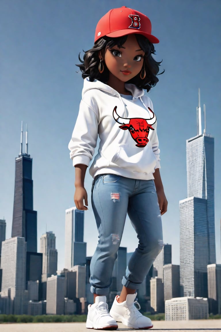 1girl, black girl, walking  ,AI_Misaki,3d figure, blue jeans, white  hoodie chicago bulls style,traditional black jeans white tee shirt with the red  chicago bulls  baseball cap design, with chicago sears tower and skyline in the background