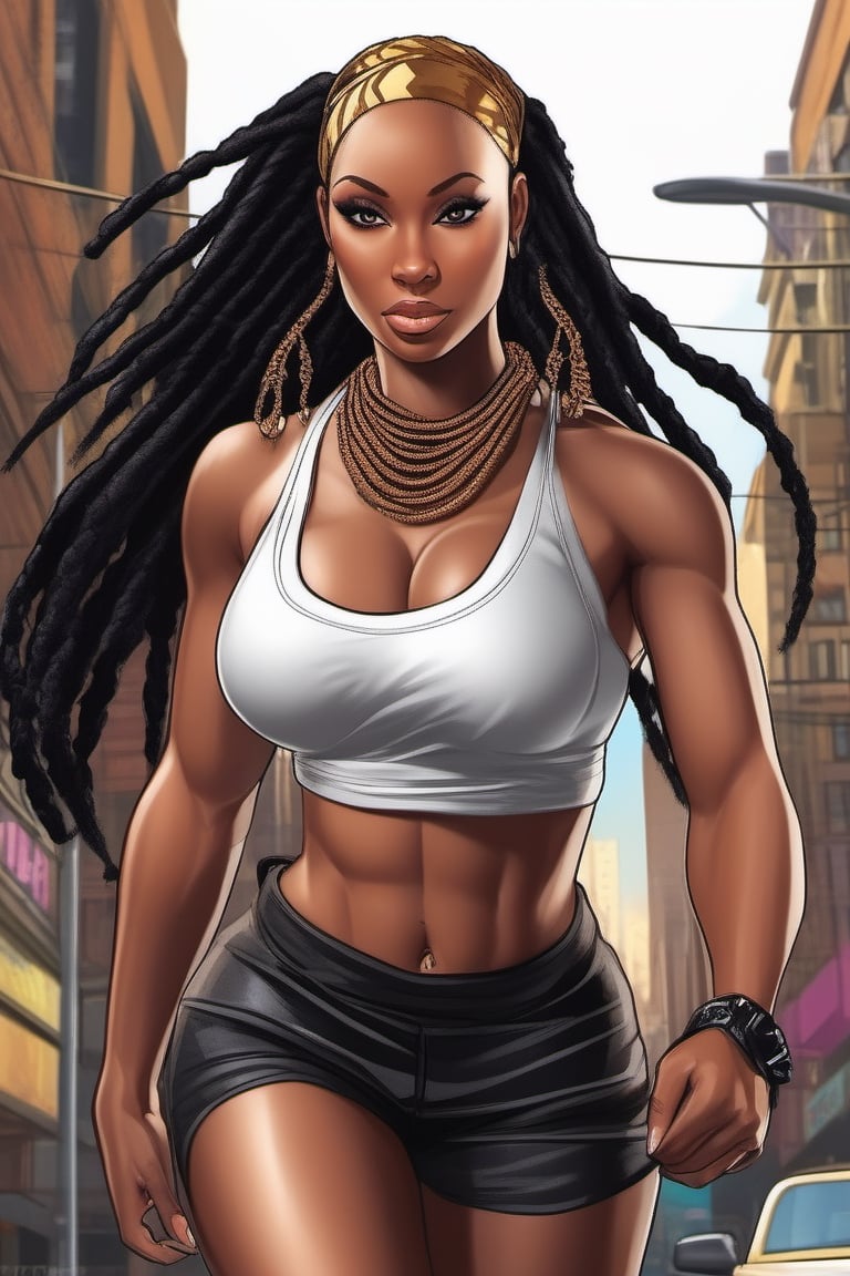 Highly detailed, High Quality, Masterpiece, beautiful, (((motion trail))), (((MotionTrail))), (((stunningly beautiful african woman))), mixture of nicki minaj and beyonce knowles, long black dreadlocks pulled into a ponytail, very muscular, large breast, very thick thighs with slight gap between them, wide hips, big ass, highly detailed, super detailed hands, female_ solo, full body, low cut black tank top,  high cut black running shorts, black running shoes, running towards the camera, background dark city streets, 