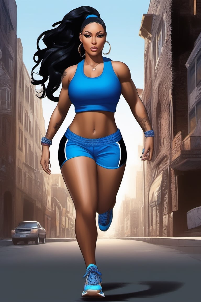 Highly detailed, High Quality, Masterpiece, beautiful, (((motion trail))), (((MotionTrail))), (((stunningly beautiful woman))), mixture of nicki minaj and beyonce knowles, long black hair pulled into a ponytail, very muscular, large breast, very thick thighs with slight gap between them, wide hips, big ass, highly detailed, super detailed hands, female_ solo, full body, low cut blue tank top,  high cut blue running shorts, blue running shoes, running towards the camera, background dark city streets, 