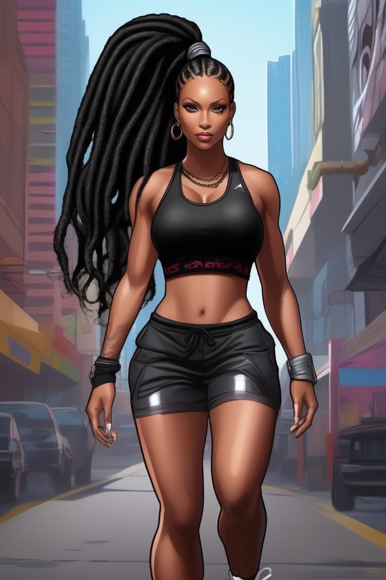 Highly detailed, High Quality, Masterpiece, beautiful, (((motion trail))), (((MotionTrail))), 1woman, (((stunningly beautiful african woman))), mixture of nicki minaj and beyonce knowles, long black dreadlocks pulled into a ponytail, very muscular, large breast, very thick thighs with slight gap between them, wide hips, big ass, highly detailed, super detailed hands, female_ solo, full body, low cut black tank top,  high cut black running shorts, black running shoes, running towards the camera, background dark city streets, 