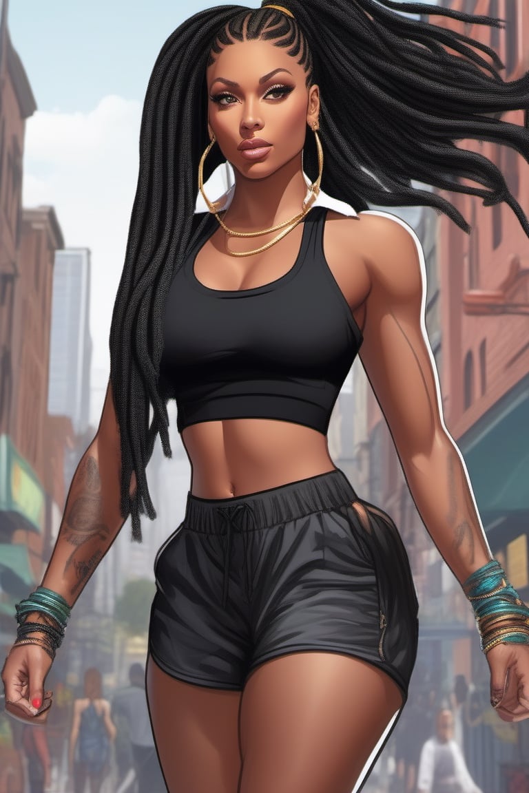 Highly detailed, High Quality, Masterpiece, beautiful, (((motion trail))), (((MotionTrail))), (((stunningly beautiful woman))), mixture of nicki minaj and beyonce knowles, black dreadlocks pulled into a ponytail, very muscular, large breast, very thick thighs with slight gap between them, wide hips, big ass, highly detailed, super detailed hands, female_ solo, full body, low cut black tank top,  high cut black running shorts, black running shoes, running towards the camera, background dark city streets, 