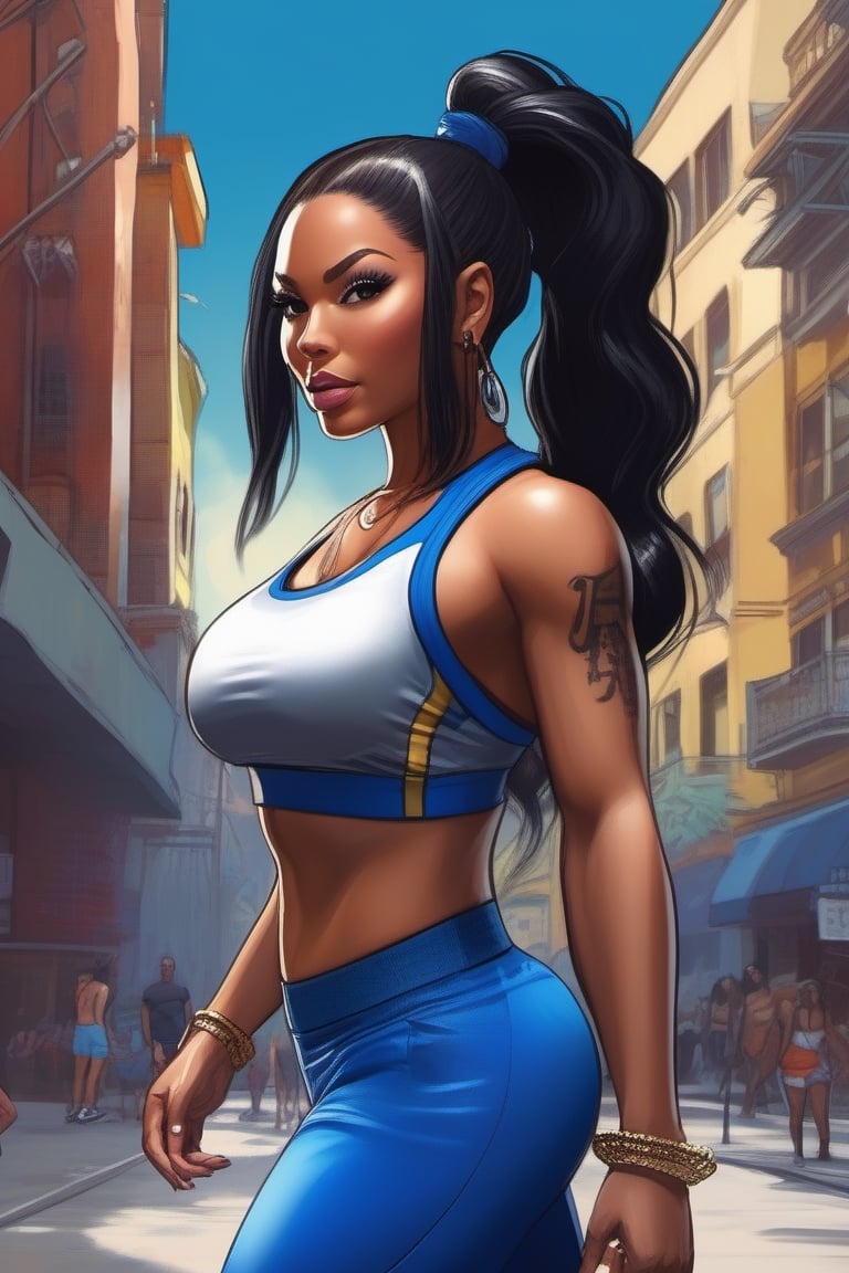 Highly detailed, High Quality, Masterpiece, beautiful, (((motion trail))), (((MotionTrail))), (((stunningly beautiful woman))), mixture of nicki minaj and beyonce knowles, long black hair pulled into a ponytail, very muscular, large breast, very thick thighs with slight gap between them, wide hips, big ass, highly detailed, super detailed hands, female_ solo, full body, low cut blue tank top,  high cut blue running shorts, blue running shoes, running towards the camera, background dark city streets, 