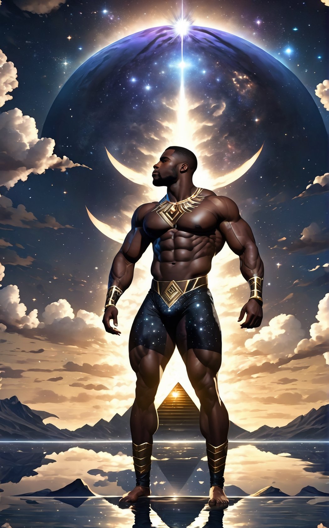imagine a perfectly detailed,  (((stunningly handsome black man))) very muscular build,  in a lake with his body tattooed...