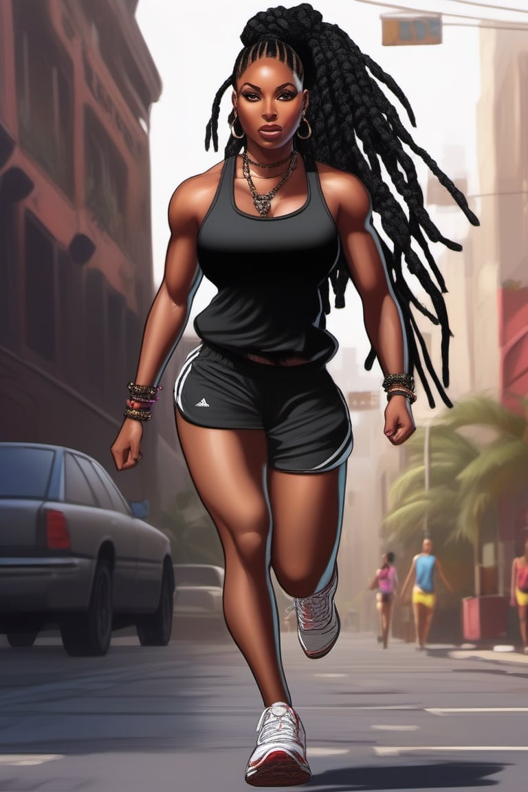 Highly detailed, High Quality, Masterpiece, beautiful, (((motion trail))), (((MotionTrail))), (((stunningly beautiful african woman))), mixture of nicki minaj and beyonce knowles, long black dreadlocks pulled into a ponytail, very muscular, large breast, very thick thighs with slight gap between them, wide hips, big ass, highly detailed, super detailed hands, female_ solo, full body, low cut black tank top,  high cut black running shorts, black running shoes, running towards the camera, background dark city streets, 