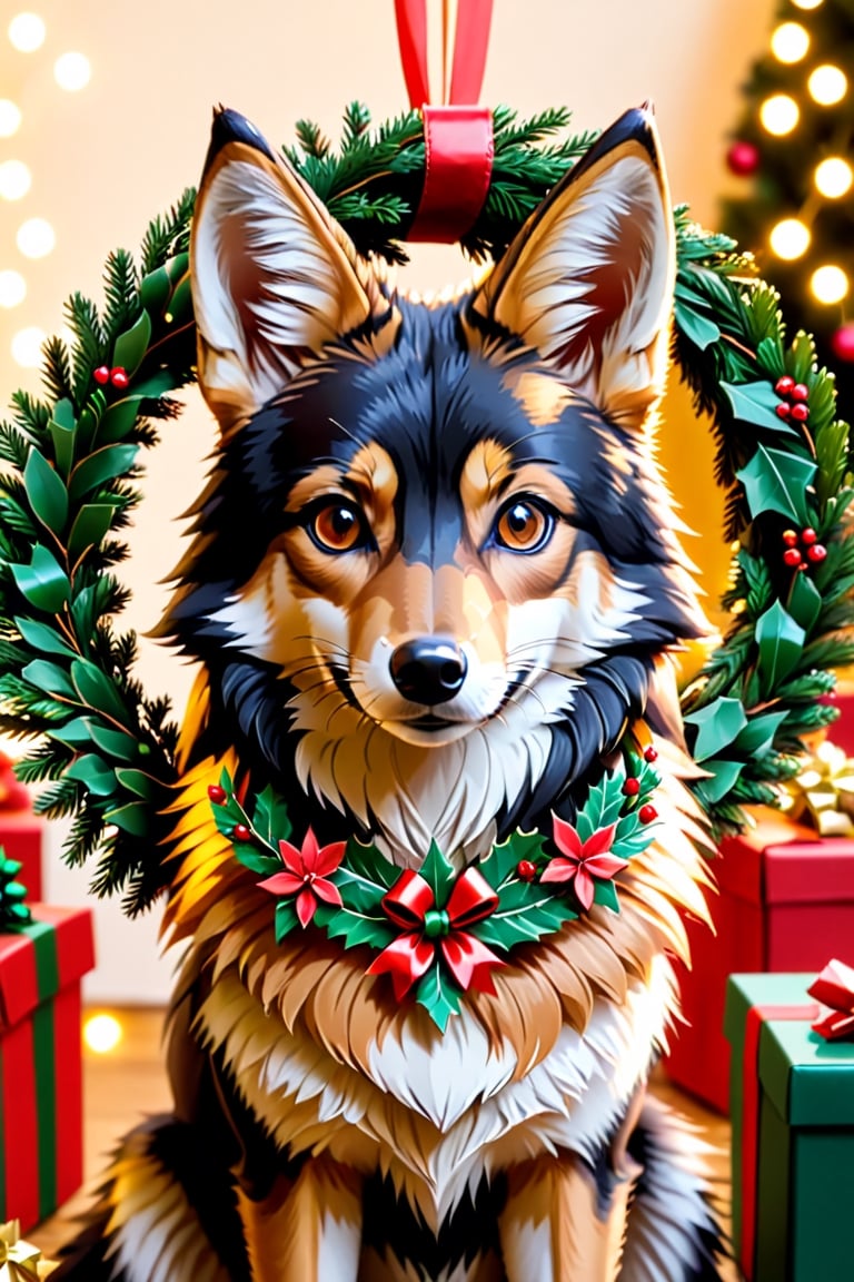 a (((tan and black and brown))) coyote with Christmas wreath in the background, Apoloniasxmasbox,xxmix_girl