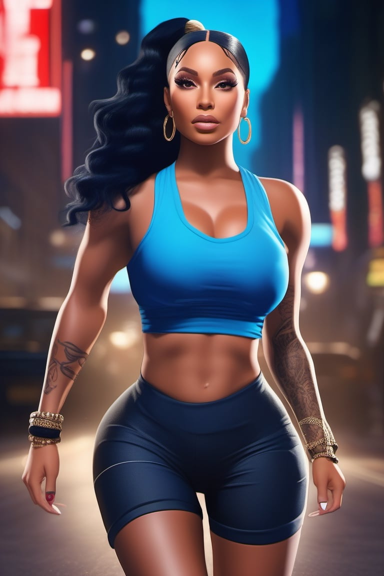 Highly detailed, High Quality, Masterpiece, beautiful, (((motion trail))), (((MotionTrail))), (((stunningly beautiful woman))), mixture of nicki minaj and beyonce knowles, short black hair pulled into a ponytail, very muscular, large breast, very thick thighs with slight gap between them, wide hips, big ass, highly detailed, super detailed hands, female_ solo, full body, low cut blue tank top,  high cut blue running shorts, blue running shoes, running towards the camera, background dark city streets, 