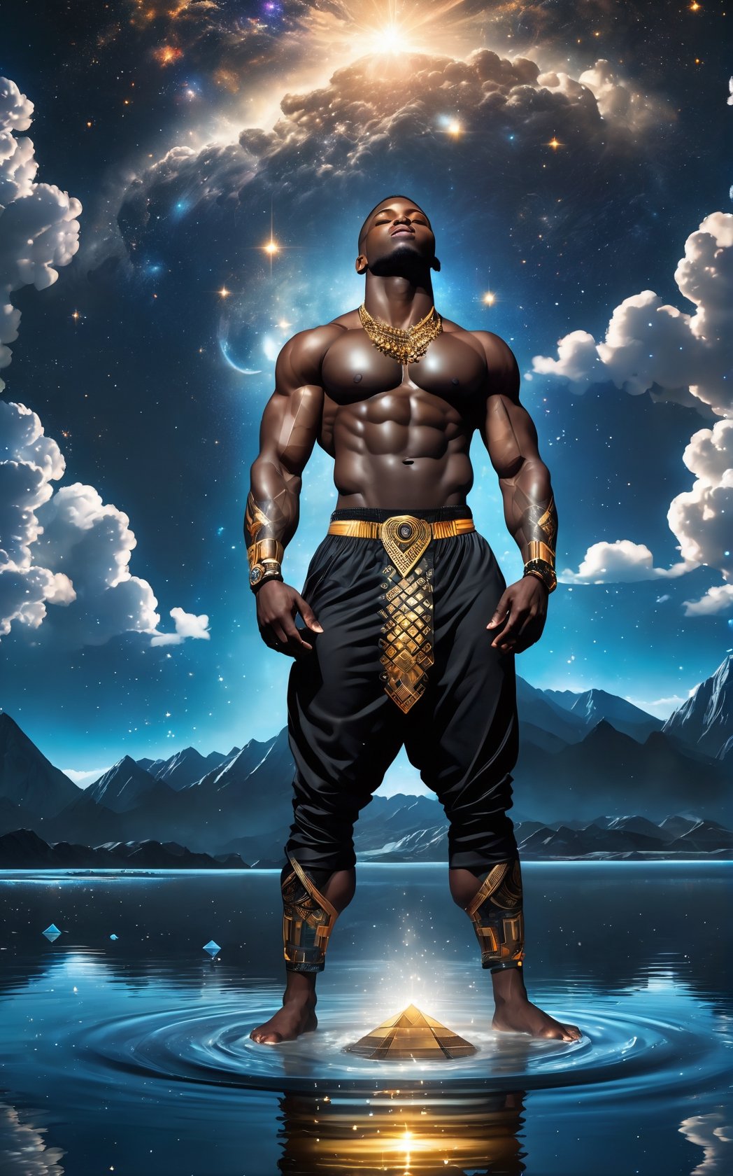 imagine a perfectly detailed,  (((stunningly handsome black man))) very muscular build,  in a lake with his body tattooed...