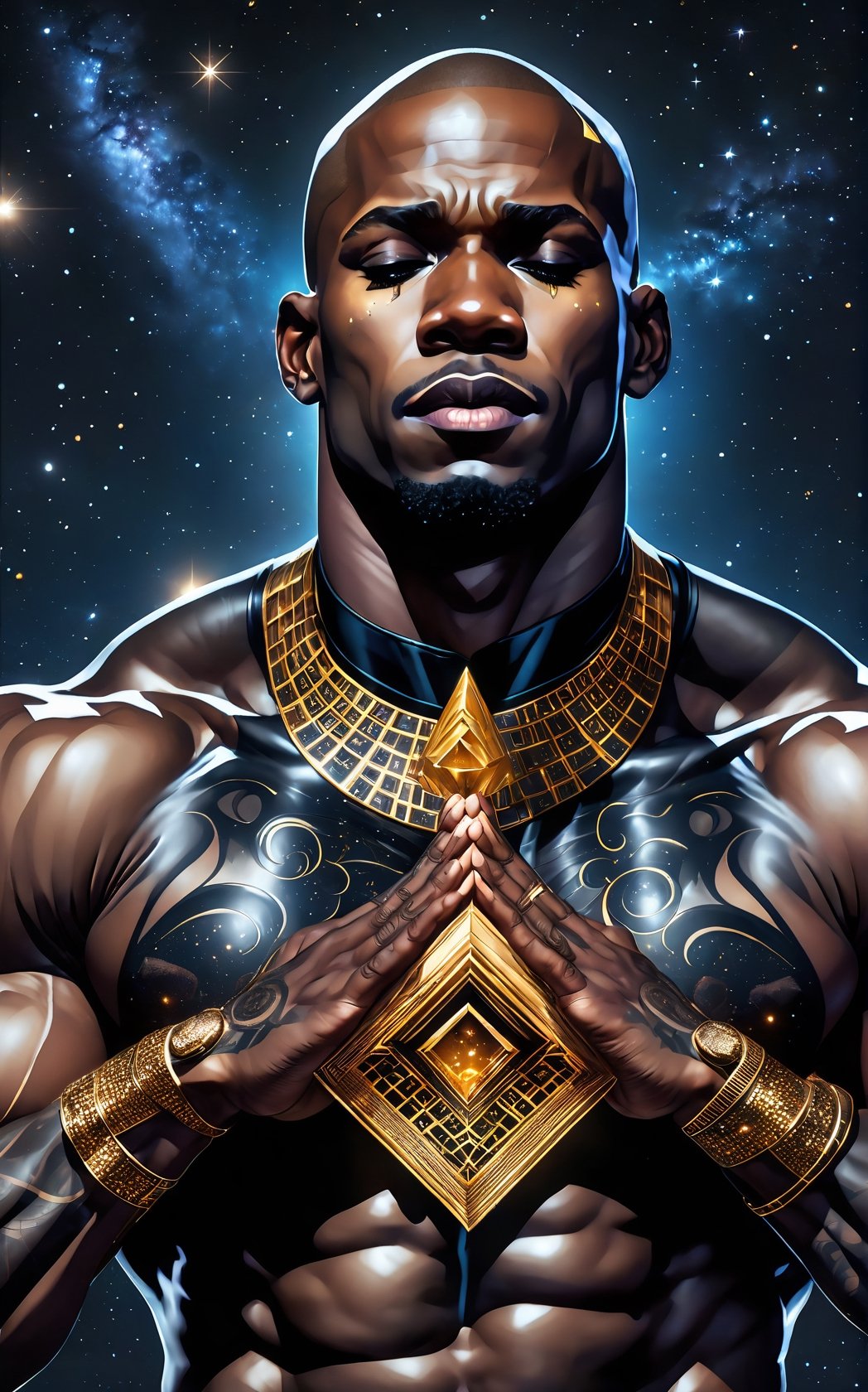 imagine a perfectly detailed,  (((stunningly handsome black man))) very muscular build,  in a lake with his body tattooed...