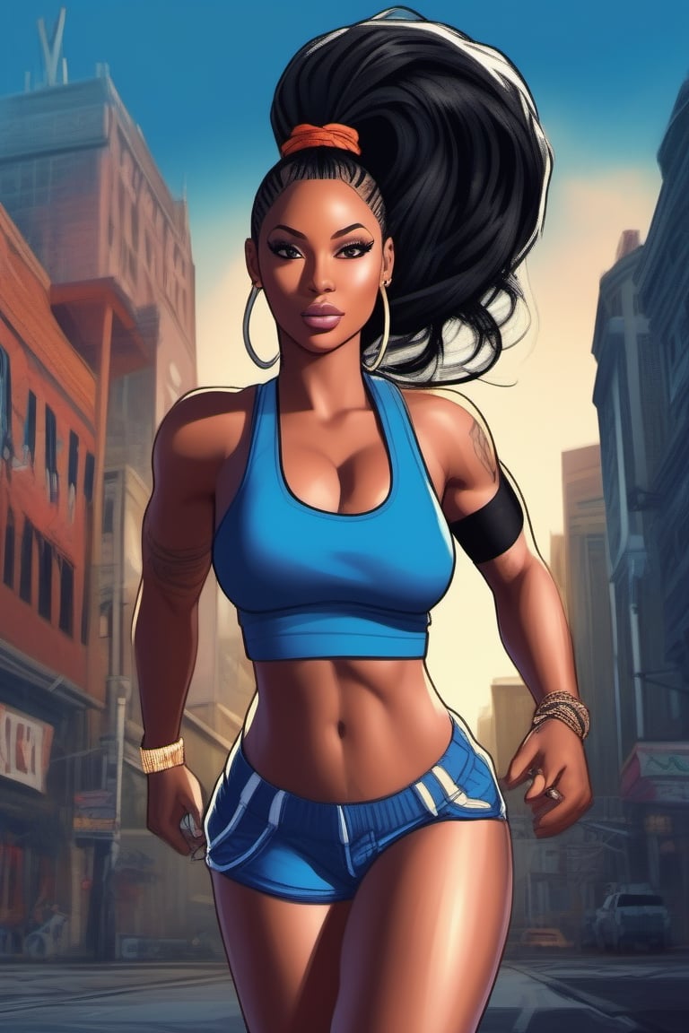 Highly detailed, High Quality, Masterpiece, beautiful, (((motion trail))), (((MotionTrail))), (((stunningly beautiful woman))), mixture of nicki minaj and beyonce knowles, short black hair pulled into a ponytail, very muscular, large breast, very thick thighs with slight gap between them, wide hips, big ass, highly detailed, super detailed hands, female_ solo, full body, low cut blue tank top,  high cut blue running shorts, blue running shoes, running towards the camera, background dark city streets, 