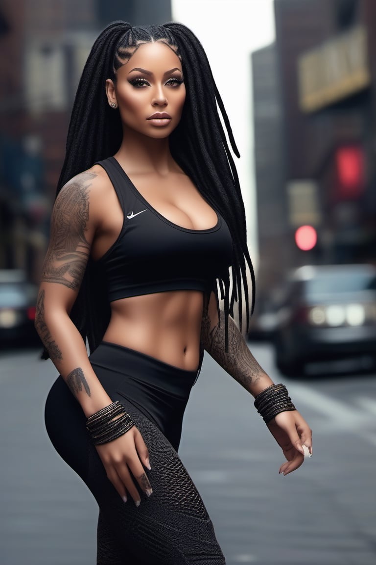 Highly detailed, High Quality, Masterpiece, beautiful, (((motion trail))), (((MotionTrail))), (((stunningly beautiful woman))), mixture of nicki minaj and beyonce knowles, black dreadlocks pulled into a ponytail, very muscular, large breast, very thick thighs with slight gap between them, wide hips, big ass, highly detailed, super detailed hands, female_ solo, full body, low cut black tank top,  high cut black running shorts, black running shoes, running towards the camera, background dark city streets, 