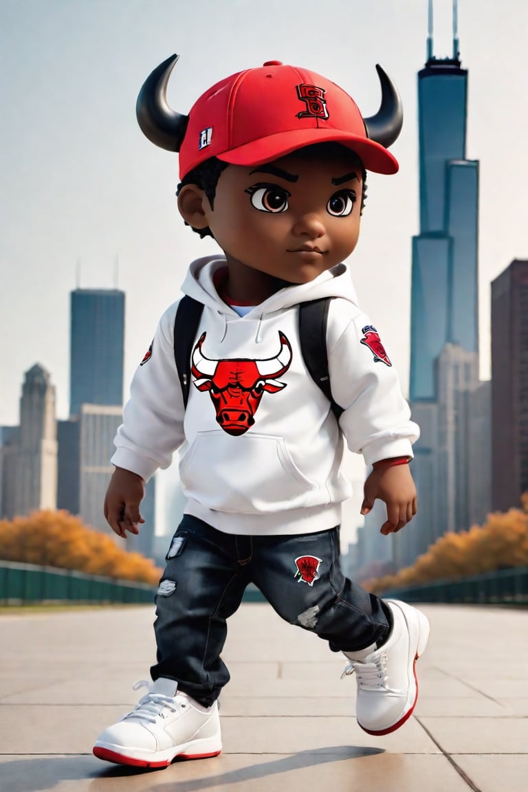 1boy, black boy, walking  ,AI_Misaki,3d figure, black jeans, white  hoodie chicago bulls style,traditional black jeans white tee shirt with the red  chicago bulls  baseball cap design, with chicago sears tower and skyline in the background