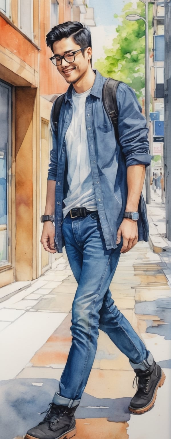 30 years old man, uppercut black hair, square glasses, black long sleeve, blue jeans, timberland high shoes, smile, walking on street, hi-tech fantasy background, watercolor, watercolor line wash and colored pencils, ink, strong contours,