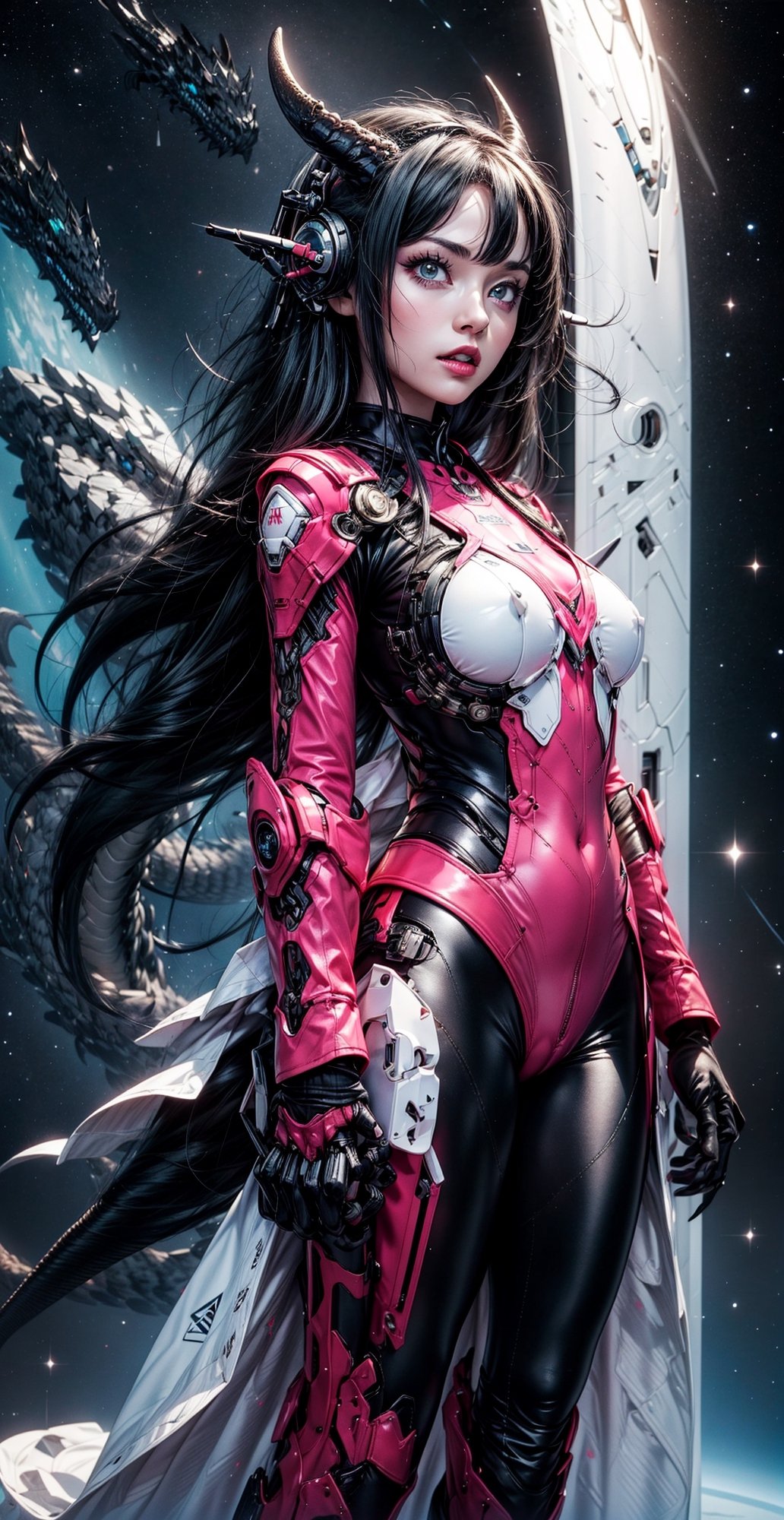 a girl, thunder yellow jacket, tight suit,Space helm of the 1960s,and the anime series G Force of the 1980s,Darf Punk wlop glossy skin, ultrarealistic sweet girl, space helm 60s, holographic, holographic texture, the style of wlop, space, red-black hair, very_long_hair, big_boobs, ,dragon ear