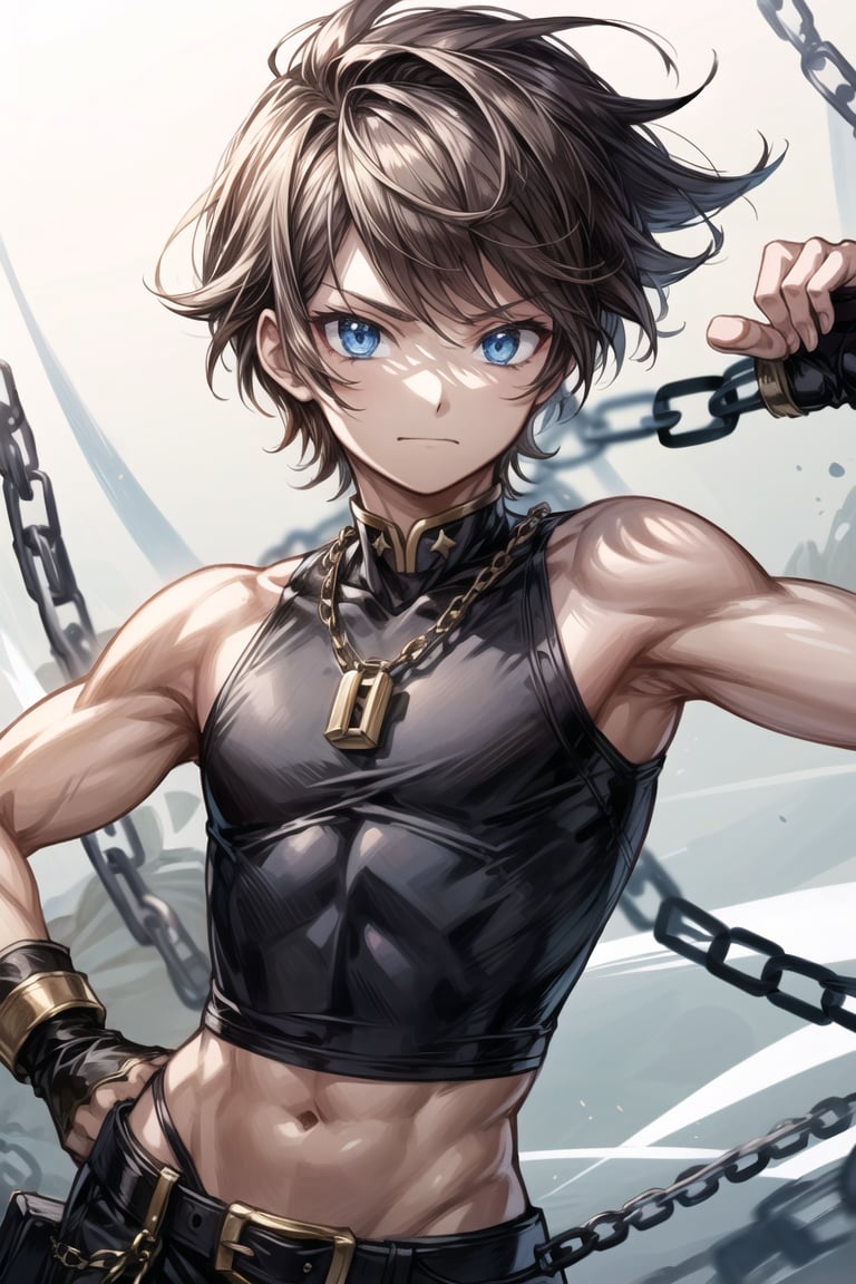 anime, boy, brown hair, gladiator, black croptop, silver chains, good quality, smug, battle arena, twink.