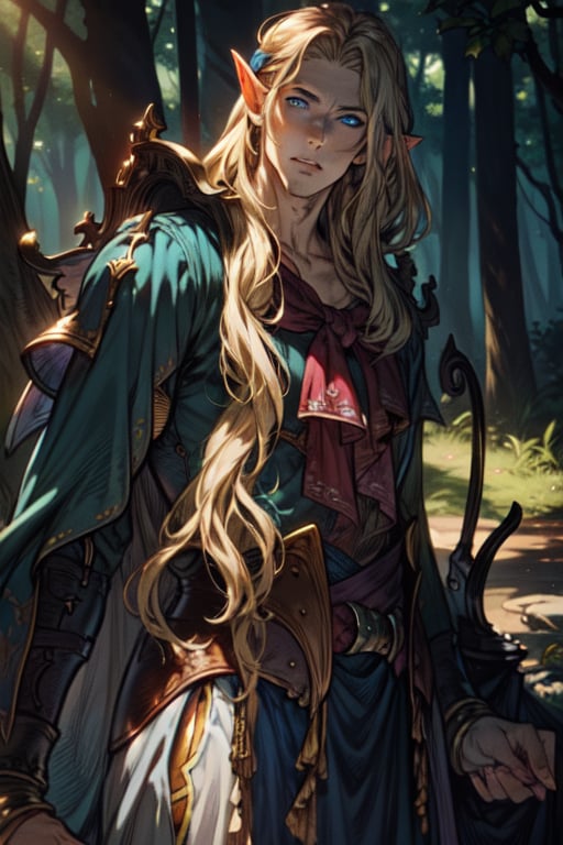 boy, elf, fantasy, fantasy world. Perfect anatomy, (masterpiece, top quality, extreme), perfecteyes, blueeyes , long blond hair, light skin, elf_ears, bow and arows ,perfecteyes, forest, beutiful, hansom,