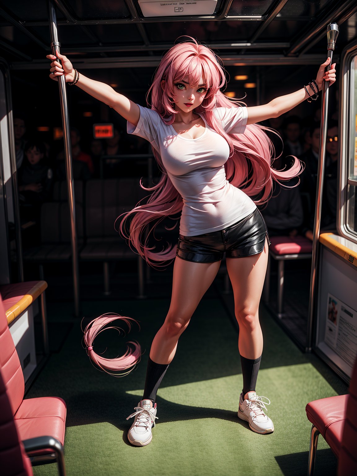 ((full body, standing):1.5), {(1woman)}, {((wearing a white shirt and black shorts, both very costly and extremely tight on the body)), ((extremely large breasts)), ((pink supersaiyanhair, sparkling green eyes)), looking at the viewer, furious, ((doing Fighting pose))}, {((on a bus, it's daylight, crowded with people, people sitting, people from different etinis))}, 16k, best quality, best resolution, best sharpness, ultra detailed