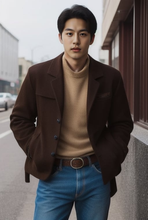 1boy, 20 years old, korean, black hair,  light brown eyes, man of incredible beauty,  extremely handsome,  very beautiful, (Cowboy-shot:1.2),#boy ,#male