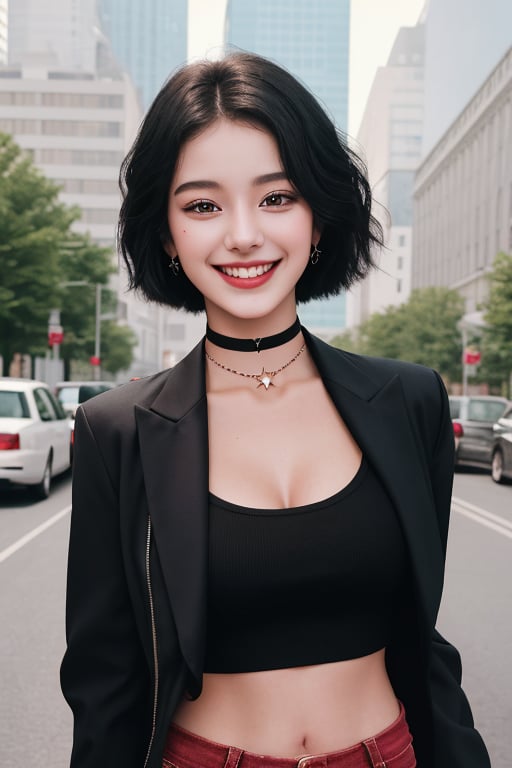 photography of a 20yo woman, masterpiece, black short hair, RED crop top with blazer star choker, daisydukes
,photorealistic,analog,realism, A radiant girl beaming with a genuine smile, spreading joy and positivity wherever she go,