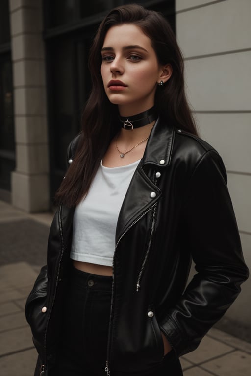 photography of a 20yo woman, masterpiece, black jacket, choker
,photorealistic,analog,realism