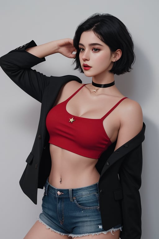 photography of a 20yo woman, masterpiece, black short hair, RED crop top with blazer star choker, daisydukes
,photorealistic,analog,realism, A confident woman exuding empowerment and strength, inspiring those around her.