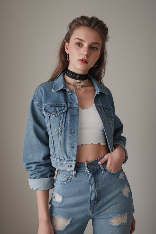 photography of a 20yo woman, masterpiece, denim jacket with inner nickĕ crop top color white, choker
,photorealistic,analog,realism, whole body with blue tattered jeans