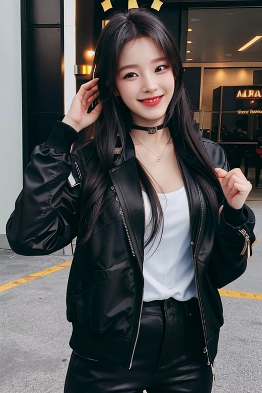 photography of a 20yo woman, masterpiece, black jacket, choker
,photorealistic,analog,realism, A radiant girl beaming with a genuine smile, spreading joy and positivity wherever she go