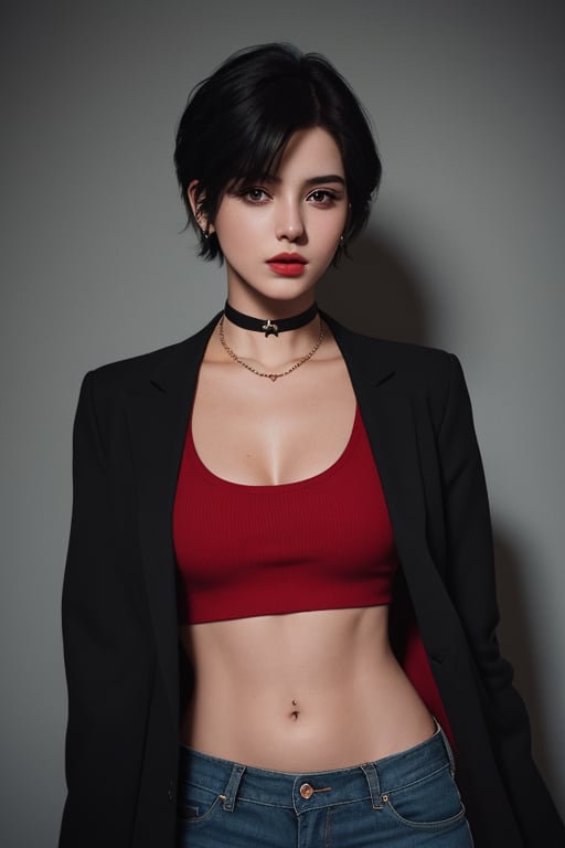 photography of a 20yo woman, masterpiece, black short hair, RED crop top with blazer star choker, daisydukes
,photorealistic,analog,realism, A confident woman exuding empowerment and strength, inspiring those around her.