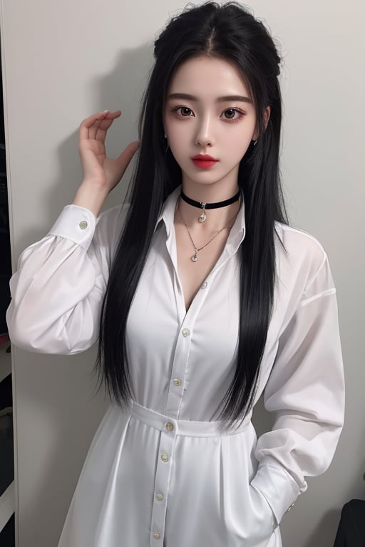 photography of a 20yo woman, masterpiece,  dress_shirt, heart choker,hair_style,  whole body with COMPLETE HAND FORMATION
,photorealistic,analog,realism, A ambitious woman setting her goals high and fearlessly pursuing her dreams.