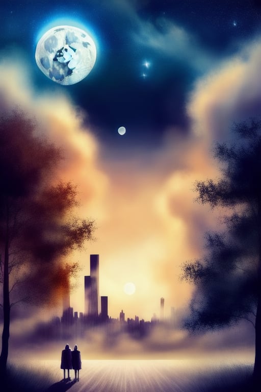 Masterpiece, best quality, , silence, dream-like dream like atmosphere, tall buildings, far away moon, colorful skies, harmony, peace, people, trees