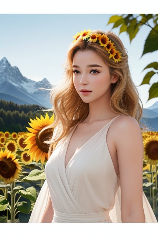 Masterpiece, High quality, photorealistic, cinematic lighting, wavy hair, long hair, animated figure, , serenity, harmony, smooth skin, half body, perspective, shadows, lighting effects, windy atmosphere, blond_hair, trees in the background, dark sky, mountains from afar, perfect nose, long gown, beauty, flower_hair_ornament, sunflower, rose, sunflowers