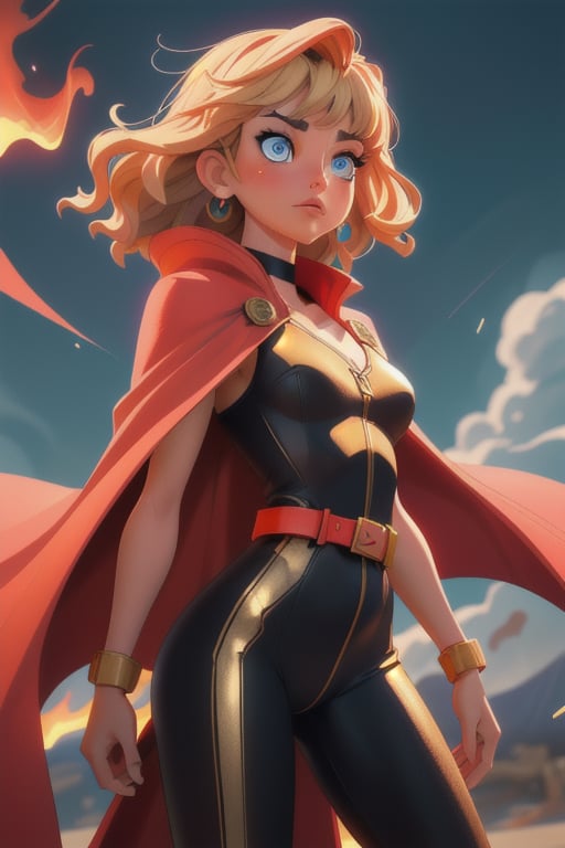 Masterpiece, High quality, photorealistic, cute bangs, cinematic lighting, gold long haired lady, animated figure, , serenity, harmony, smooth skin, tanned skin, striking neon colors in the background, perfect eyes, perfect anatomy, wavy hair,  perfect legs, dripping colors, shadows, lighting effects, red cape, flight_suit, metal belt, windy atmosphere, flames at the background, fighting_stance, black suit, gold belt, short_hair, man in student uniform