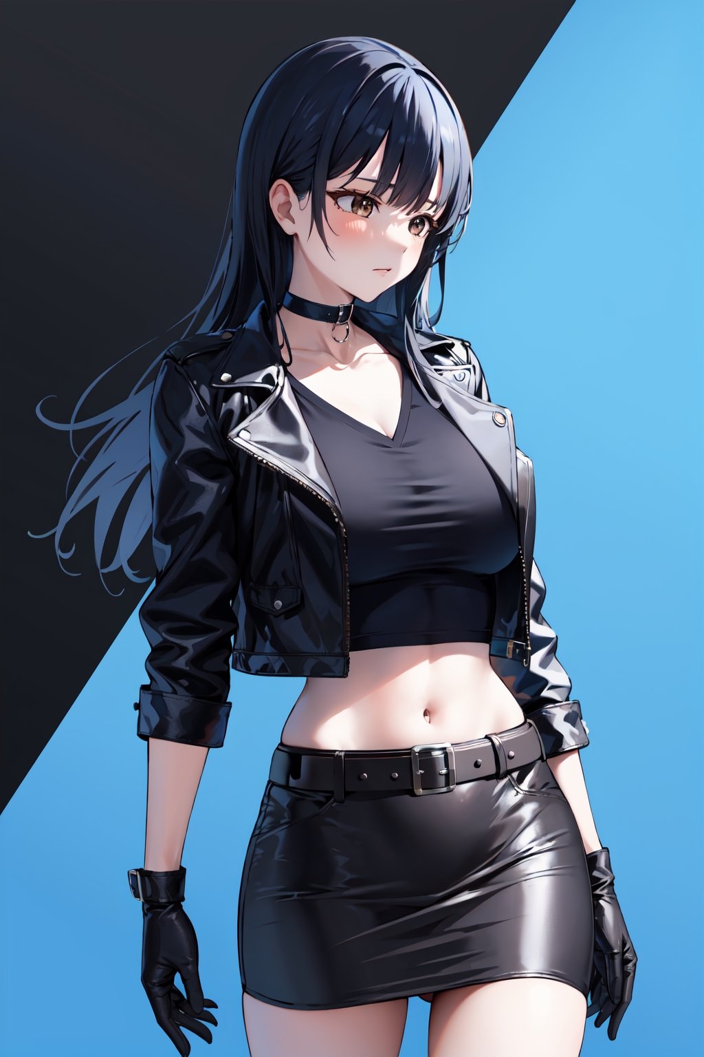 masterpiece, best quality, highres, vivid, aaanna, long hair, brown eyes, large breasts, leather_jacket, black shirt, v-neck, pencil_skirt, midriff, buckle_belt, black gloves, choker, side_view,

blue theme,blue, abstract,