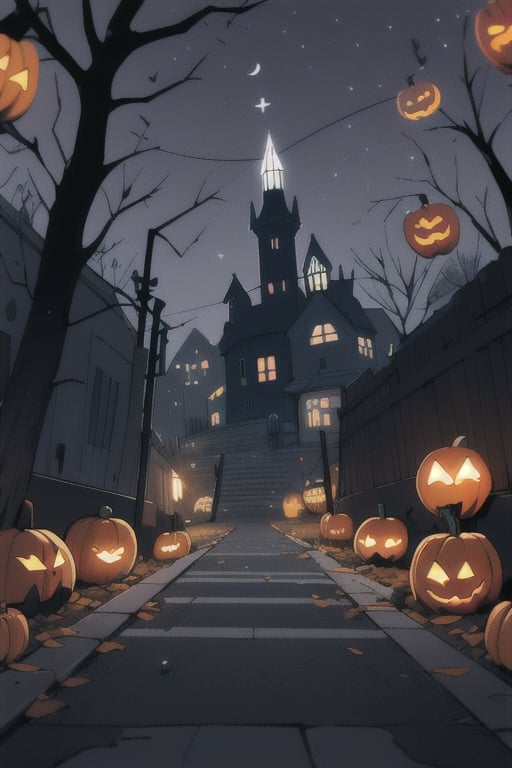 spooky halloween night, pitch dark sky, ghostly town, empty streets, petrifying trees, cars left in roads, demonic pumpkins, grimming with sharp teeths, candies piled up in streets, creepy balloons saying "HALLOWEEN"