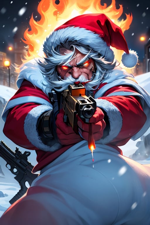 sparkling snowy night background, splash of bloods over the mounts of snow in background, Santa claus with rugged longbeard and fiery eyes and terrifying face, glaring look to the viewers, smoking candy cane in mouth, gun in the hand aiming front blood dripping from candy cane,Santa Claus,gun,newhorrorfantasy_style