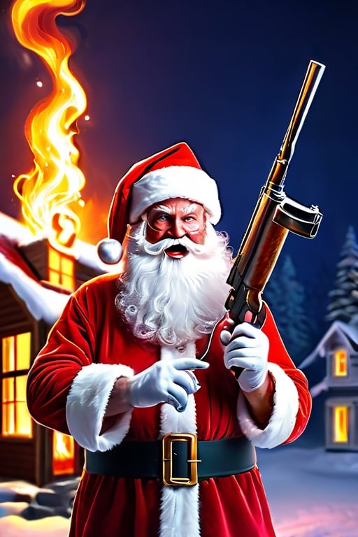 sparkling snowy night background, Large house with chimney set on fire, Santa claus with rugged longbeard and fiery eyes and terrifying face, glaring look to the viewers, smoking candy cane in mouth, gun in the hand aiming front blood dripping from candy cane,Santa Claus,gun,elemental