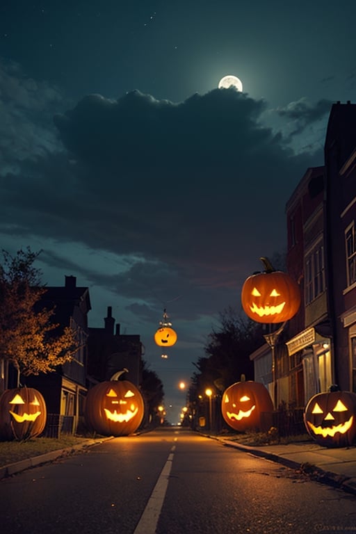 spooky halloween night, pitch dark sky, ghostly town, empty streets, petrifying trees, cars left in roads, demonic pumpkins, grimming with sharp teeths, candies piled up in streets, creepy balloons saying "HALLOWEEN"