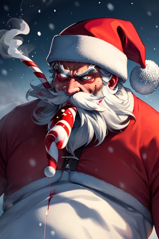 sparkling snowy background, splash of bloods over the mounts of snow in background, Santa claus with rugged longbeard and fiery eyes and terrifying face, glaring look to the viewers, smoking candy cane in mouth, blood dripping from candy cane,Santa Claus, christmas presents torn and burnt spread at bottom