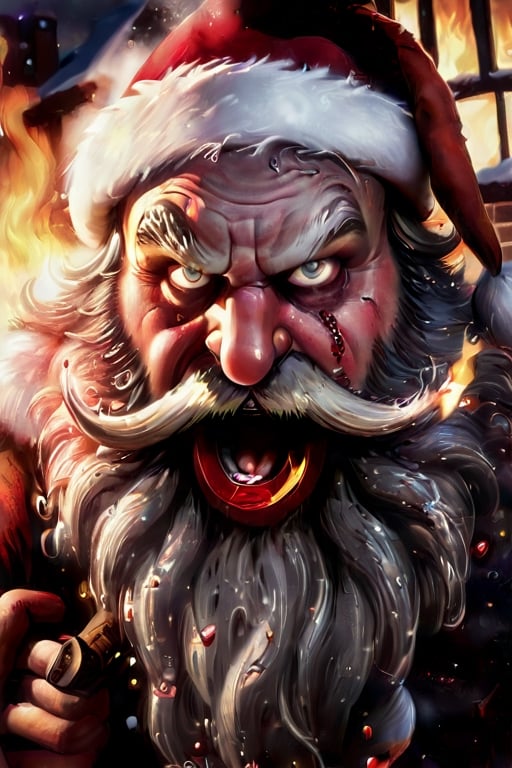 sparkling snowy night background, Large house with chimney set on fire, Santa claus with rugged longbeard and fiery eyes and terrifying face, glaring look to the viewers, smoking candy cane in mouth, gun in the hand aiming front blood dripping from candy cane,Santa Claus,gun,elemental