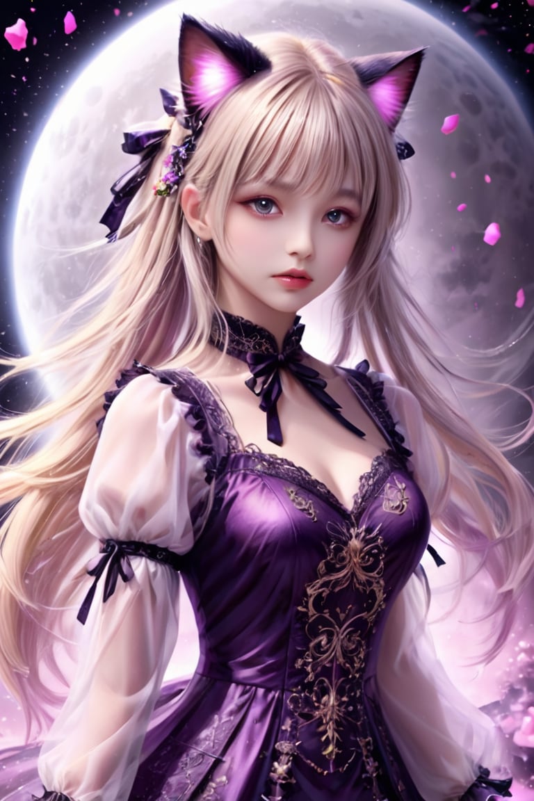 Masterpiece, Very High Stereotypes, Very Detailed Unity 8k CG wallpaper, Fantasy theme, Depressing feeling, Detailed face, Stunningly beautiful 17 year old girl, Death of a woman, Soul Destroyer, Blonde hair, Gothic Lolita dress, Cat ears, Stunningly beautiful face, Style - Whirlpool magic, Explosive magic, Candy bomb magic, real_booster, LegendDarkFantasy, Concept art, Bright colors, Red moon, Rembrandt lights.