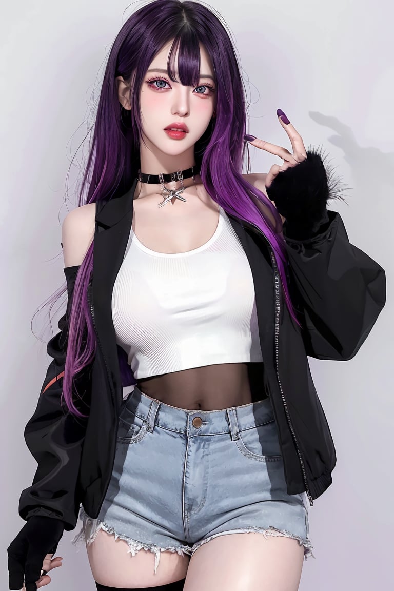 (masterpiece), best quality, high resolution, extremely detailed, detailed background, Detailedface, 1 girl, solo, reina, multicolored hair, purple eyes, choker, purple jacket, see-through, black shirt, black shorts, fingerless gloves, pantyhose, abstract background, scenary, makeup, purple lipstick, beautiful eyes, curvy, slim waist, 🌃🌆.,1girl,WaveAri,egirlmakeup,realistic,Bora